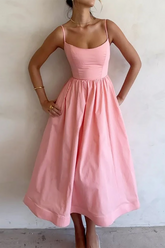 Solid Color U Neck Cinch Waist Spaghetti Strap Midi Dresses-Pink